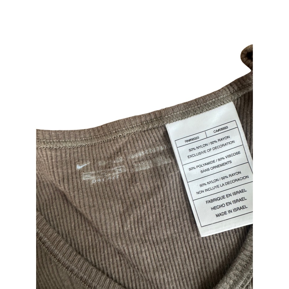 Nike Dri-Fit Seamless Ribbed Long Sleeve Brown Women's M V Neck Shirt Minimalist - Picture 3 of 4
